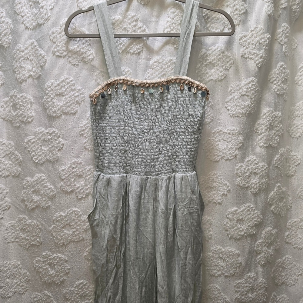 Kindred Sage Green Smocked Wide Leg‎ Jumpsuit Shell Coin Trim Women Large NWT